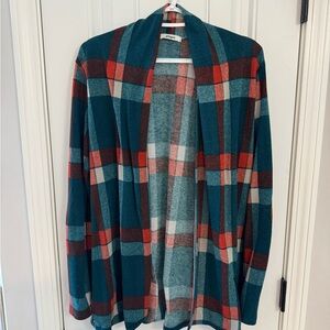 Teal Plaid Open-Front Women's Cardigan Sweater